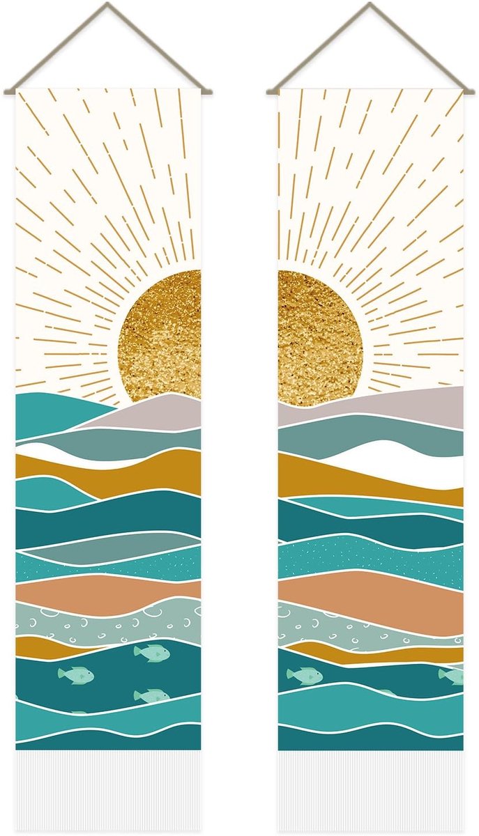 Dailygoods- Wandtapijt Set van 2 - Oceaan Zonsopgang - Golven Kunst - Muurophanging - 33 x 129,5 cm - Kwast Afwerking - Muurophang
