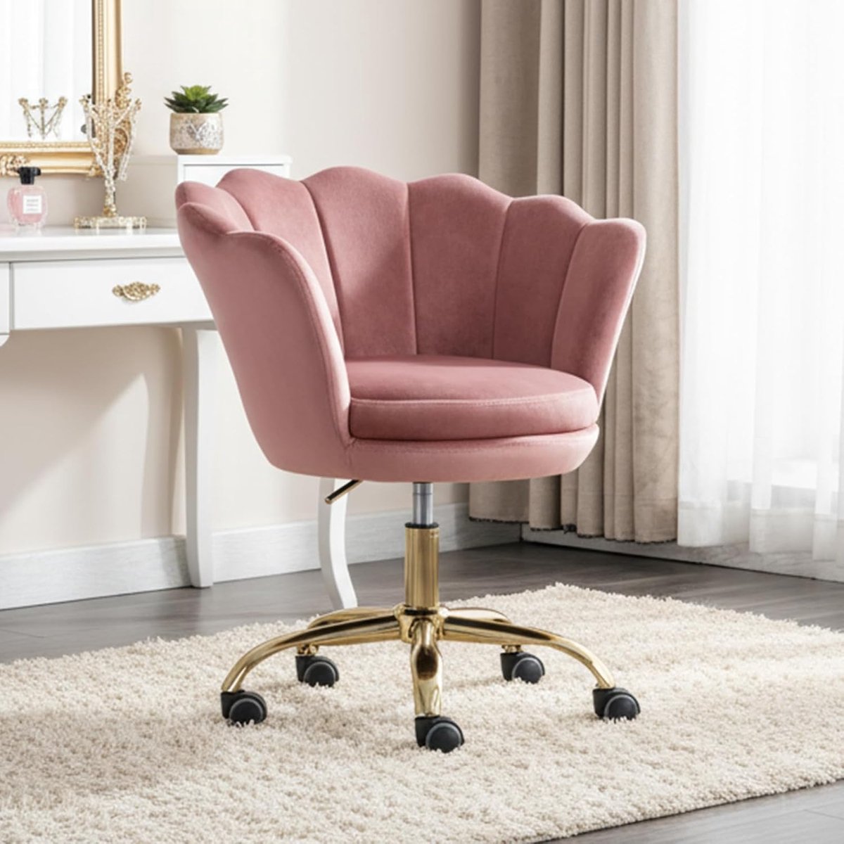 Draaistoel Fluweel - Comfortabele Stoel - Thuiswerken Kantoor - Bloemblaadjes Rugleuning - 76 cm Hoog - Roze