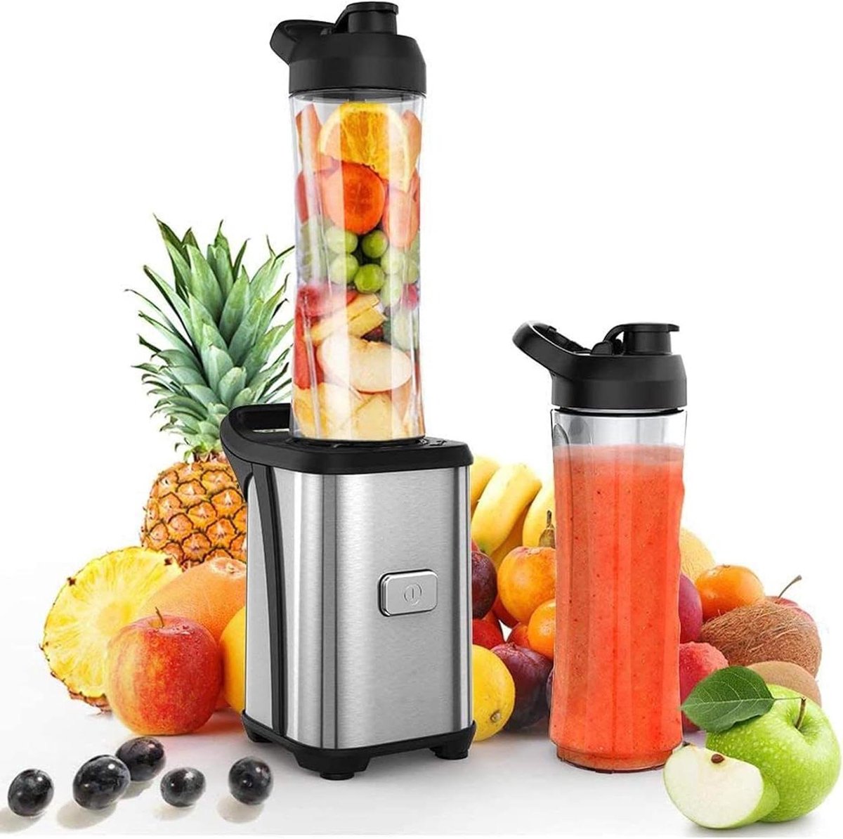 Mini Smoothie Maker - Portable Blender - Snelle Smoothies Maken - 350W Krachtige Motor - 2x 600ML Flessen - Zilver