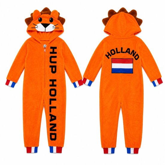 PartyFX Oranje Holland Leeuw Onesie Kinderen – EK/WK Voetbal Verkleedpak – Hup Holland Supporters Pak – 158/164