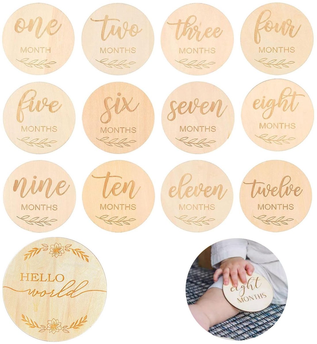 Dailygoods- Mijlpaalkaarten Baby - 12 Dubbelzijdige Houten Mijlpaalkaarten - Hello World Babybord - 15cm Ronde Aankondigingsplaquette - Duurzaam en Veilig - Perfect voor Baby Shower - Baby Aankondigingsbord