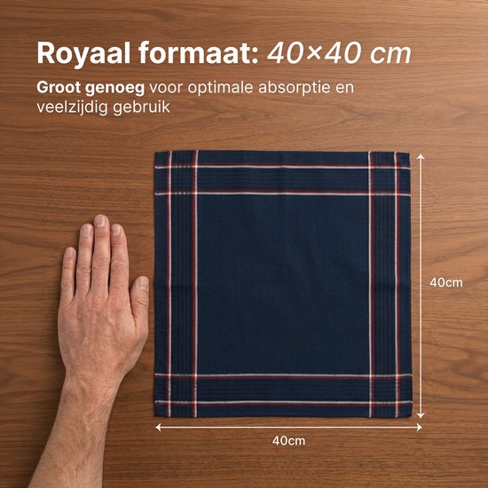 Donkere blauwe katoenen zakdoek, 40x40 cm, met aan weerszijden een witte en rode streep.