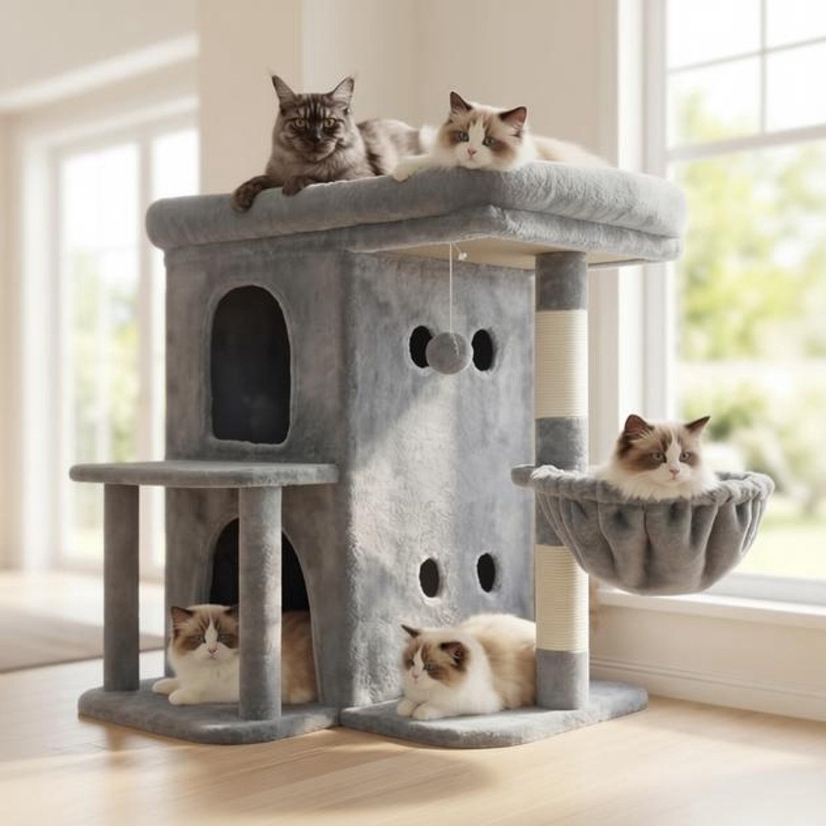 ElleMooi Krab- en klimtoren voor grote katten met slaaphuis, platform en speelpompom - 65 cm hoog, lichtgrijs