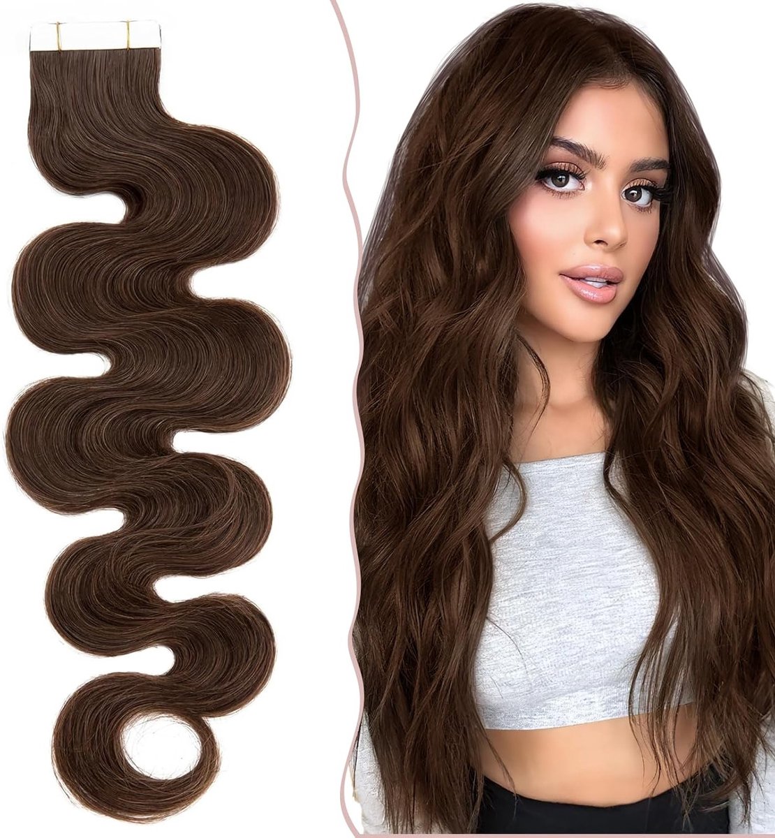 Tape-in Echte Haar Extensions, 20 Stuks, Golvend Haar, 35 cm, Natuurlijke Look, Gemakkelijk te Bevestigen, Herbruikbaar