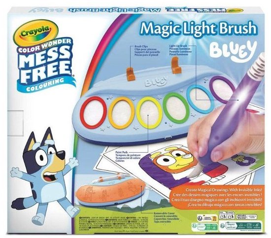Doos van Crayola Color Wonder Magic Light Brush met Bluey. Bevat een lichtgevende pen en kleurplaten.