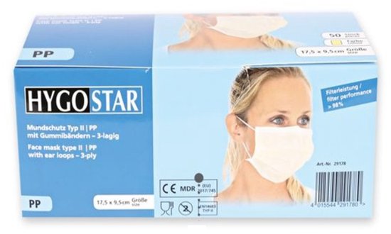 Hygostar mondmasker geel mondkapje medisch 3-laags geel 50 stuks met oorelastiek