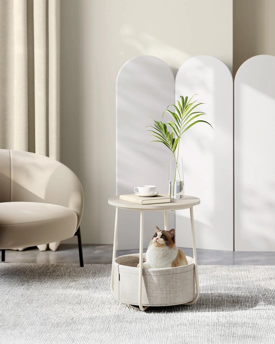 uJOY Bijzettafel - Praktische opbergmand - Compact en ruimtebesparend - Crème wit - Verstelbare voetjes - Moderne uitstraling