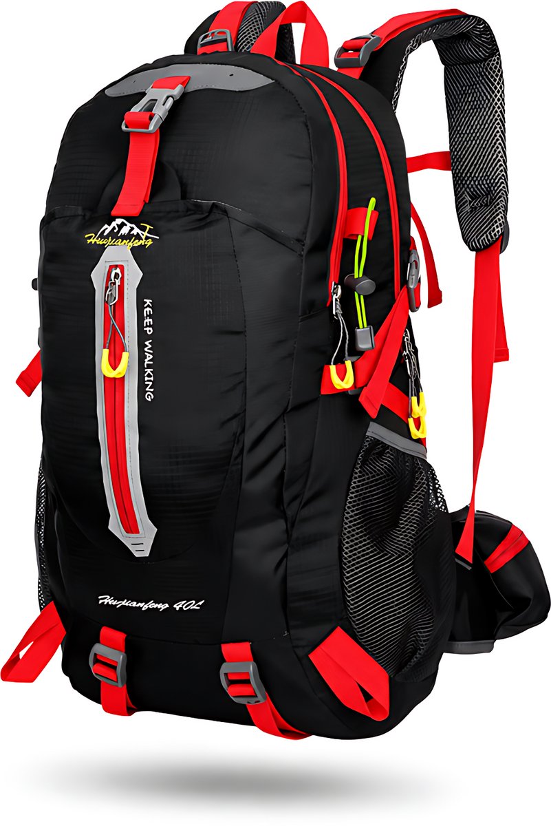 CarryQuest® - 40L Hiking Camping Rugzak - Lichtgewicht Nylon Backpack met Rugventilatie, Verstelbare Schouderbanden, Meerdere Vakken & Compact Outdoor Design - 52x33x20 cm - Zwart/Rood
