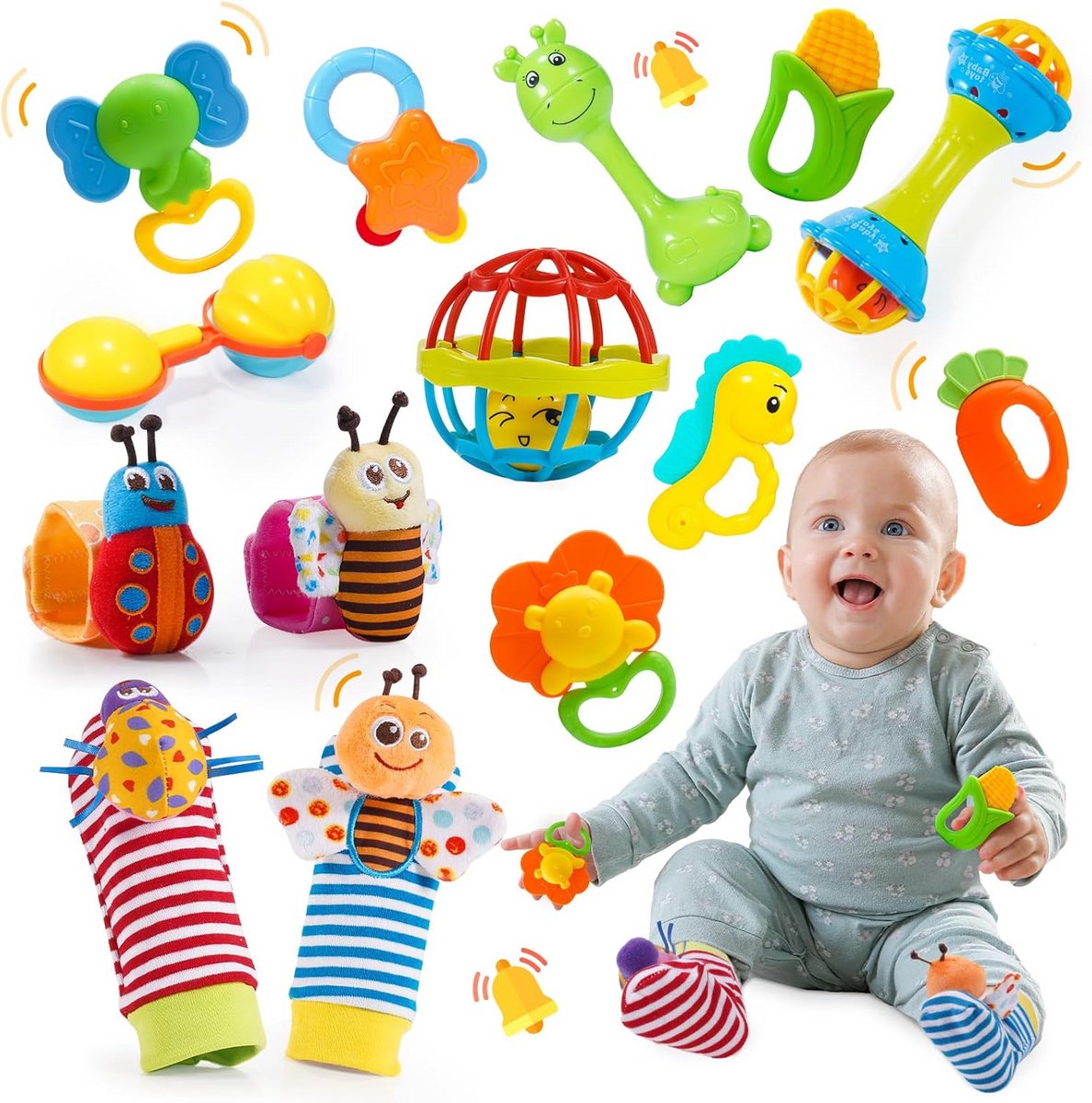 Baby Speelgoed Set - Rammelaars en Prikkelspeelgoed - Baby Ontwikkeling Stimuleren - 14 Delige Set - 0-6 Maanden - Geel