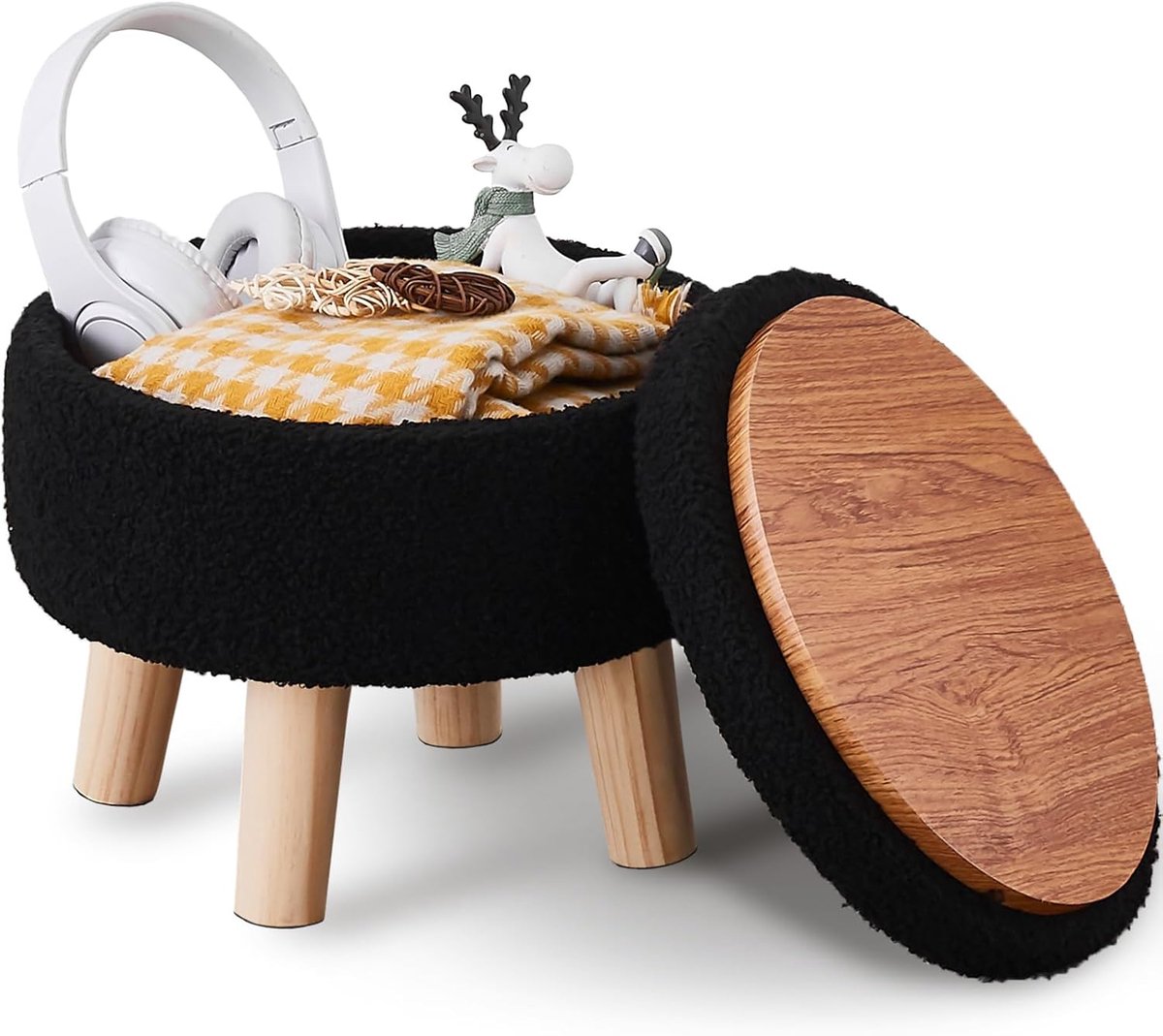 Ronde voetensteun - Poef bijzettafel - Ontspannen in huis - Teddy fluweel design - 33 x 27 cm - Zwart