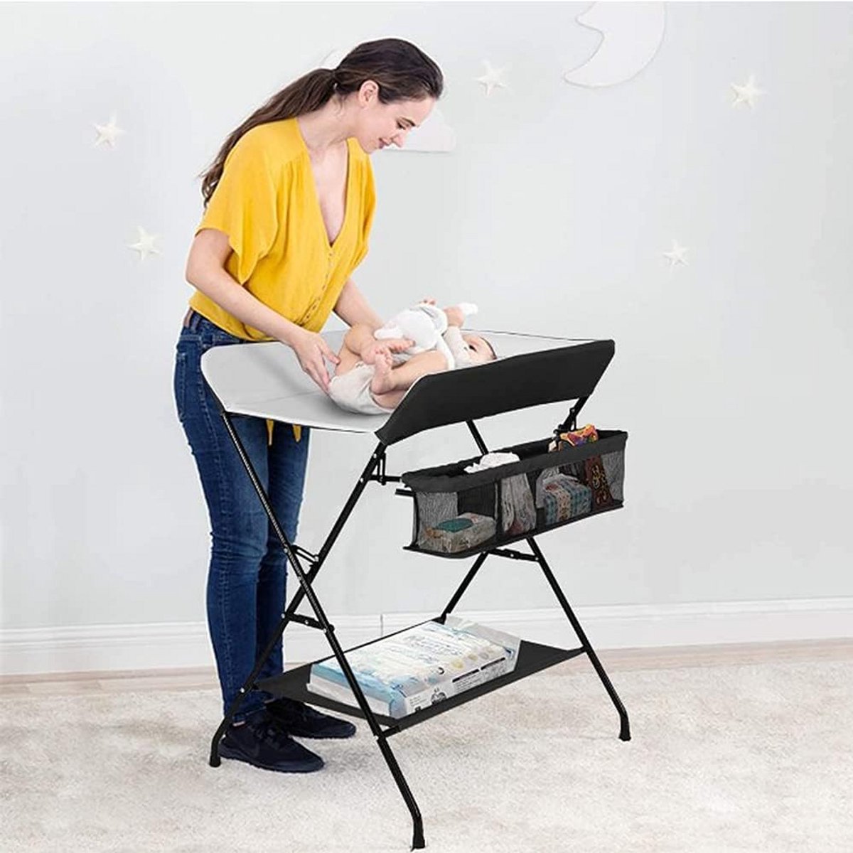 Baby Verschoontafel - Opvouwbaar meubel - Babyverzorging Thuis - Geen bukken nodig - 79x55x96 cm - Wit met zwart