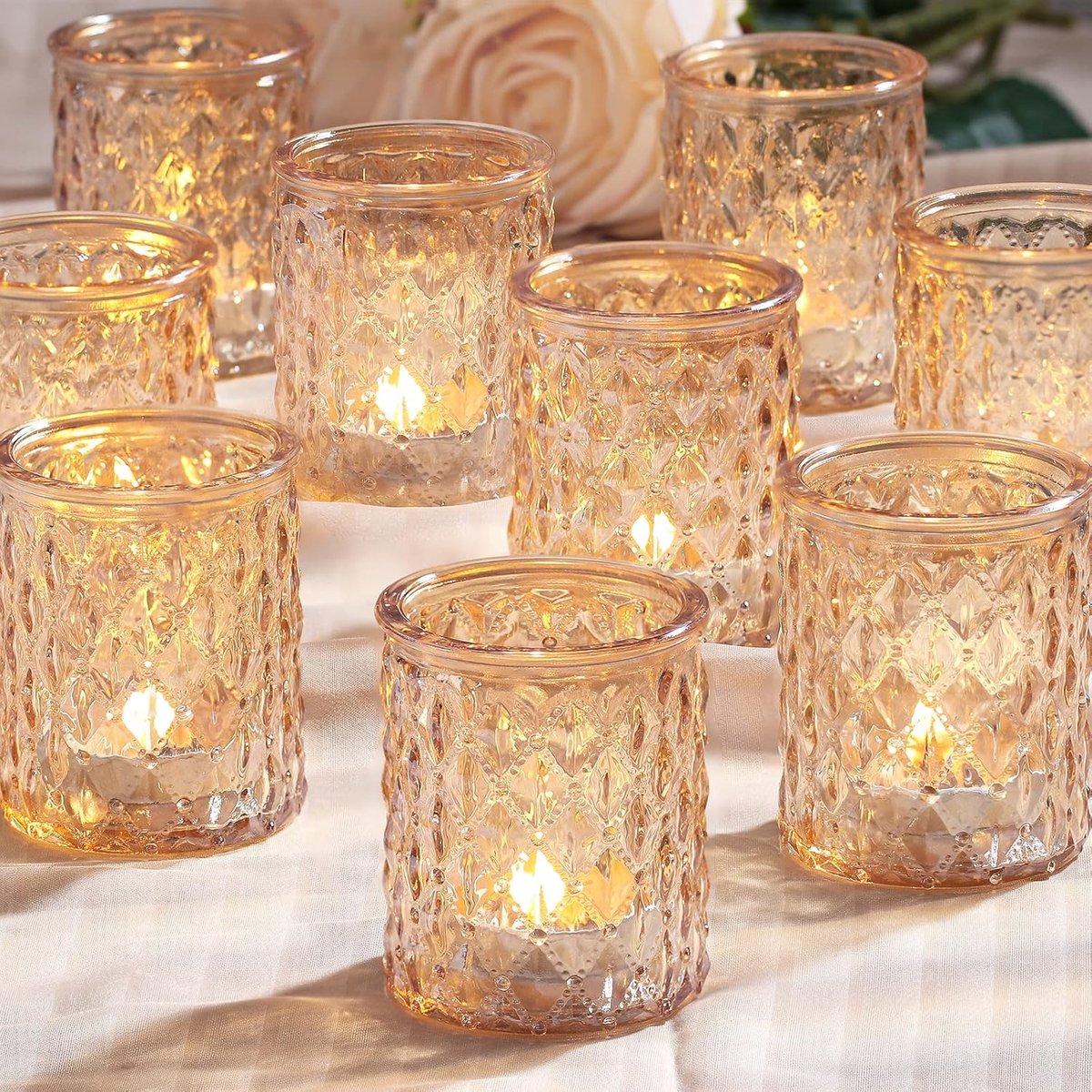 Kaarshouders Set - Theelichthouders Glas - Sfeervolle Decoratie - Diamant Patroon - 12 Stuks - Goud