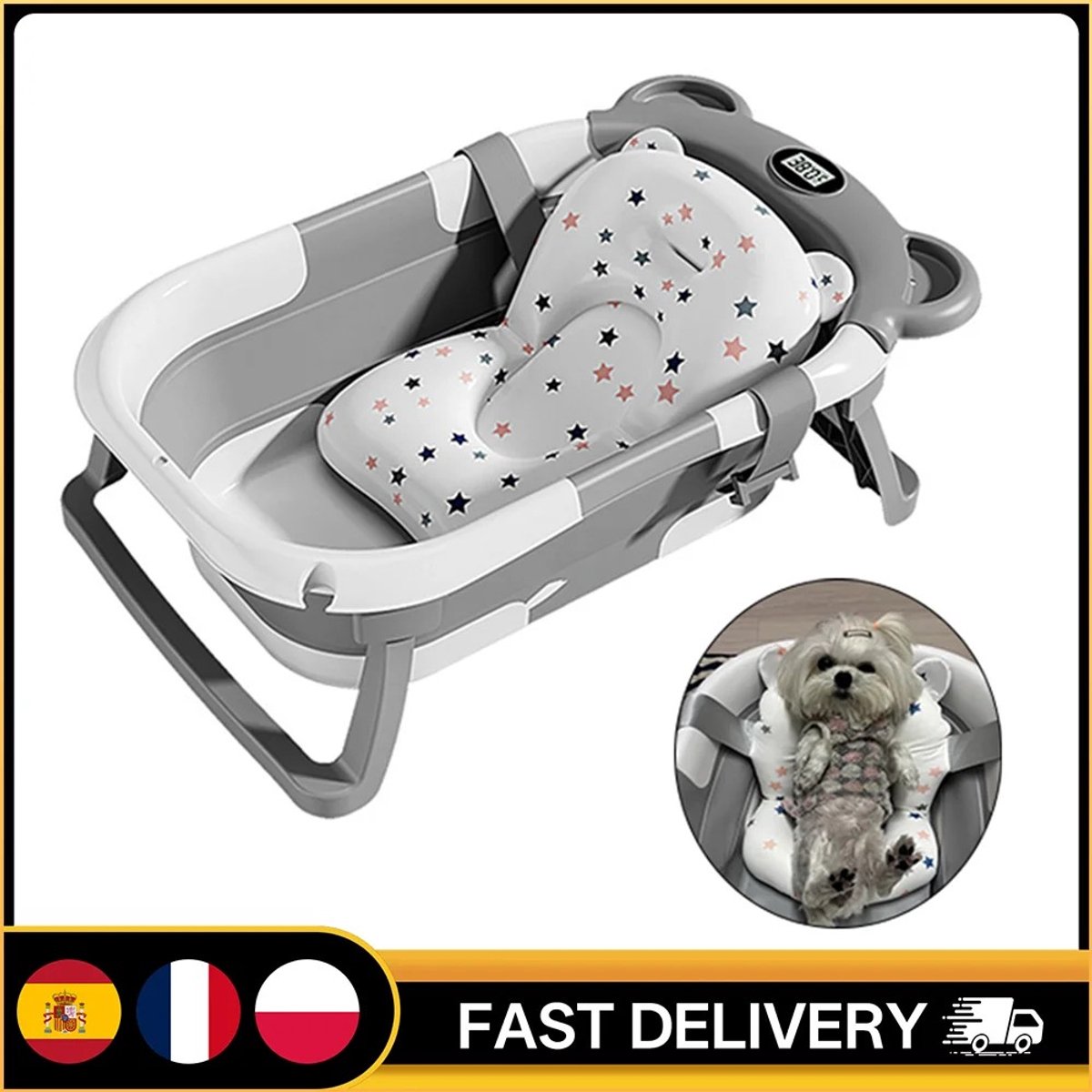 Dailygoods Opvouwbare badkuip voor huisdieren met thermometer, zachte mat, anti-ontsnappings kattenwasbak, puppy badkuip