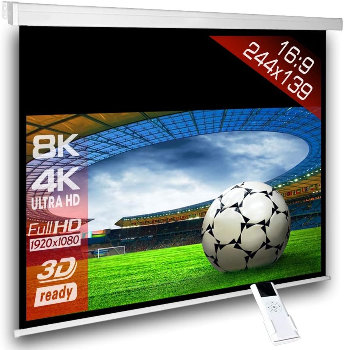 Projectiescherm Elektrisch - Motorisch Scherm - Thuisbioscoop Ervaring - 4K 8K HDR Compatibel - 244 x 139 cm - Wit