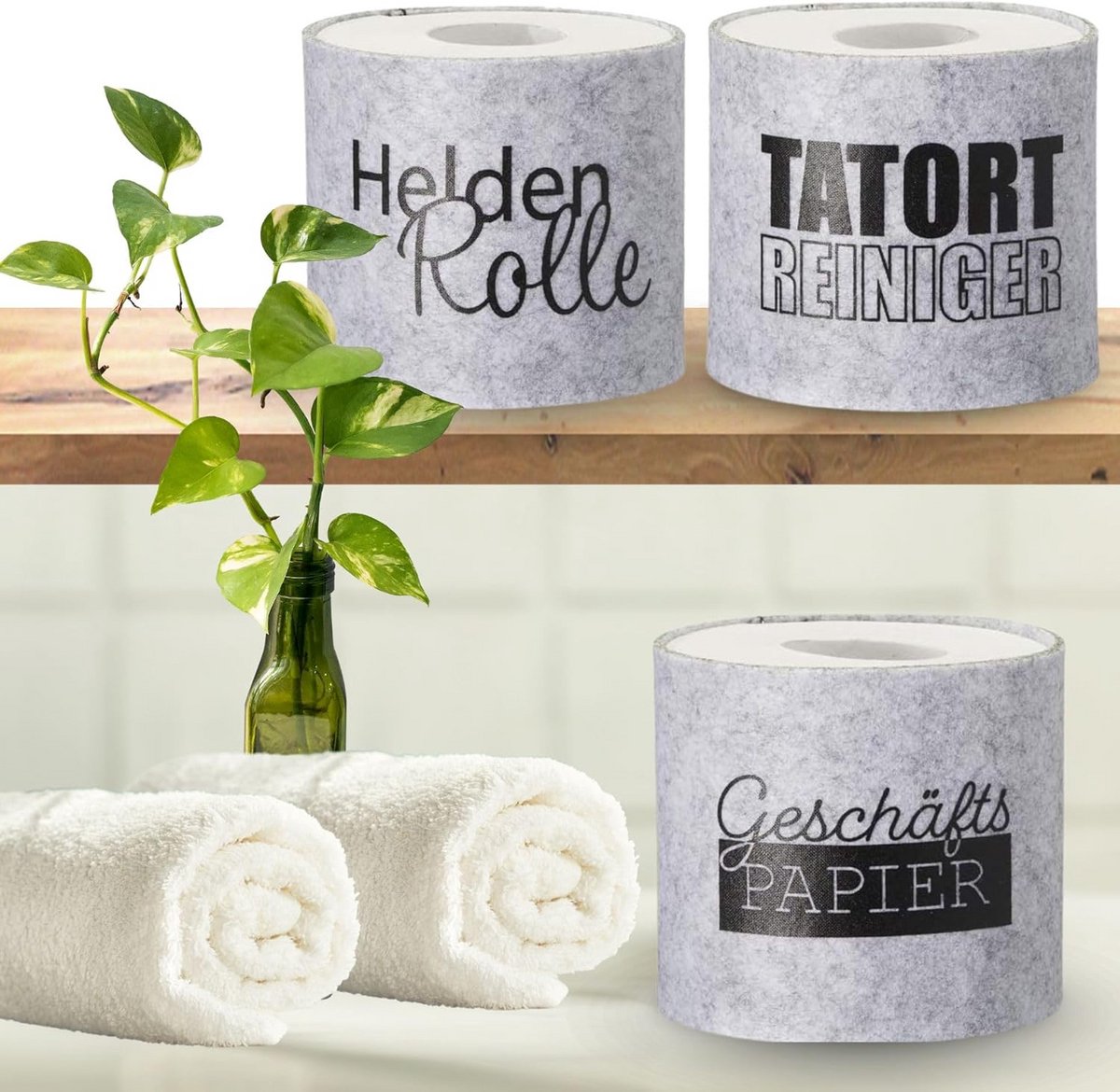 Toiletpapier Hoezen - WC Rol Decoratie - Badkamer Opfleuren - Grappige Spreuken - Set van 3 - Lichtgrijs