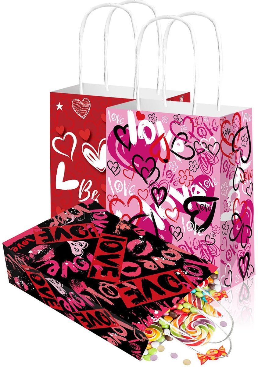 Dailygoods- Traktatietassen 12 Stuks - Valentijnsdag Geschenktassen - Handvatten - Papieren Goodie Bags - Liefdesharten Patroon - Zoete Stijl - Cadeautassen