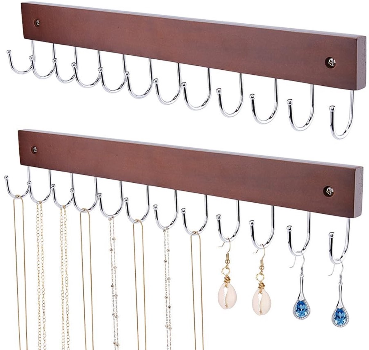 Dailygoods- Kettinghouder 2-delige set - Wandmontage - 24 Haken - Ruimtebesparend - Massief Hout - Kokosnoot Bruin - Sieradenorganizer