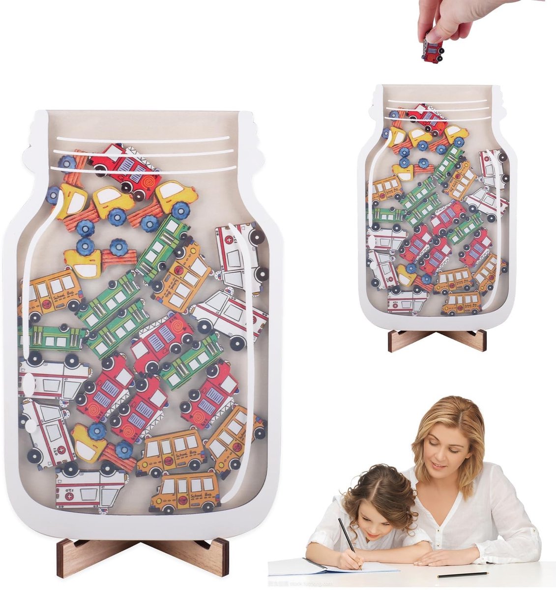 Dailygoods- Beloningsglas met Auto - Beloningssysteem voor Kinderen - Houten Materiaal - 25 Autokaarten - Geschikt voor Thuis/School - 21x13,5 cm
