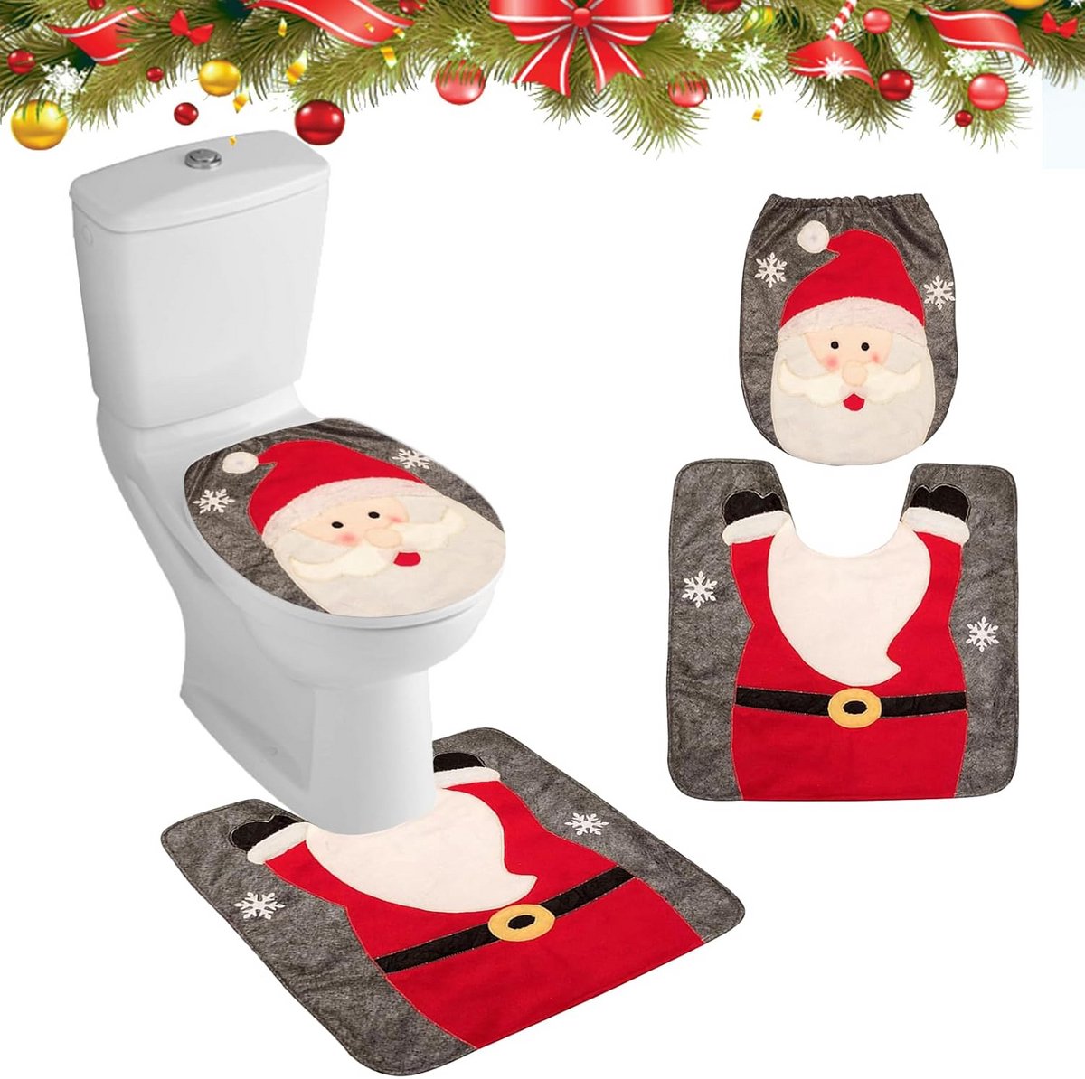 Kerst toiletzitting set - Badkamer decoratie - Feestelijke aankleding - Met kerstmotieven - 52x52 cm - Rood