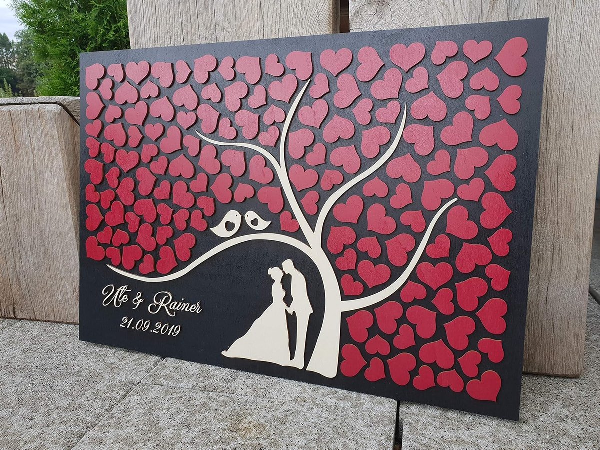 Gastenboek Hout - Boom Alternatief - Bruiloft Herinnering - Gepersonaliseerd Ontwerp - 75 x 52 cm - Zwart Robijnrood