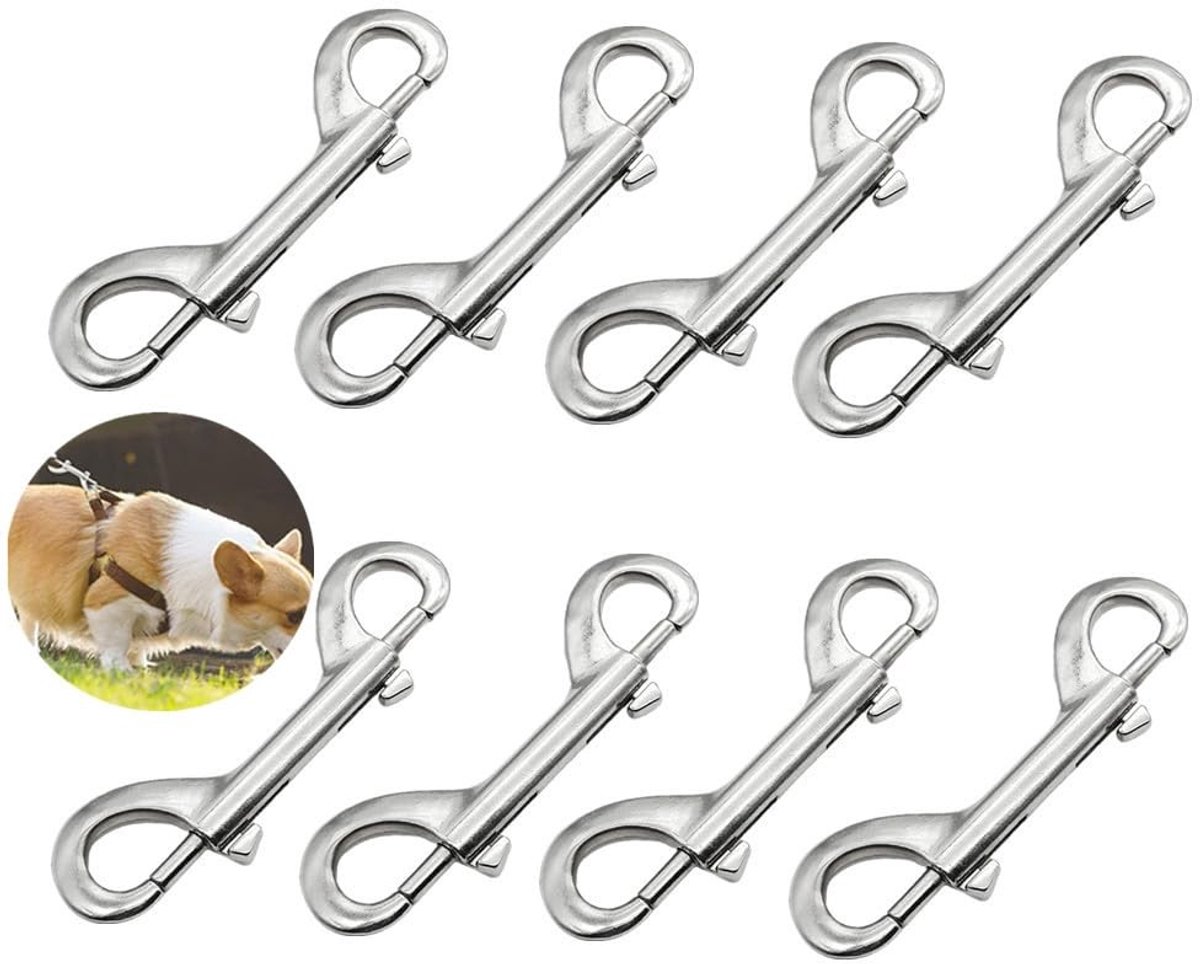 Dailygoods- Karabijnhaak Dubbelzijdig - 8 Stuks - Roestvrij Staal - Klikhaak - Hondenriem - Sleutelhanger - Vrijetijdstoepassingen