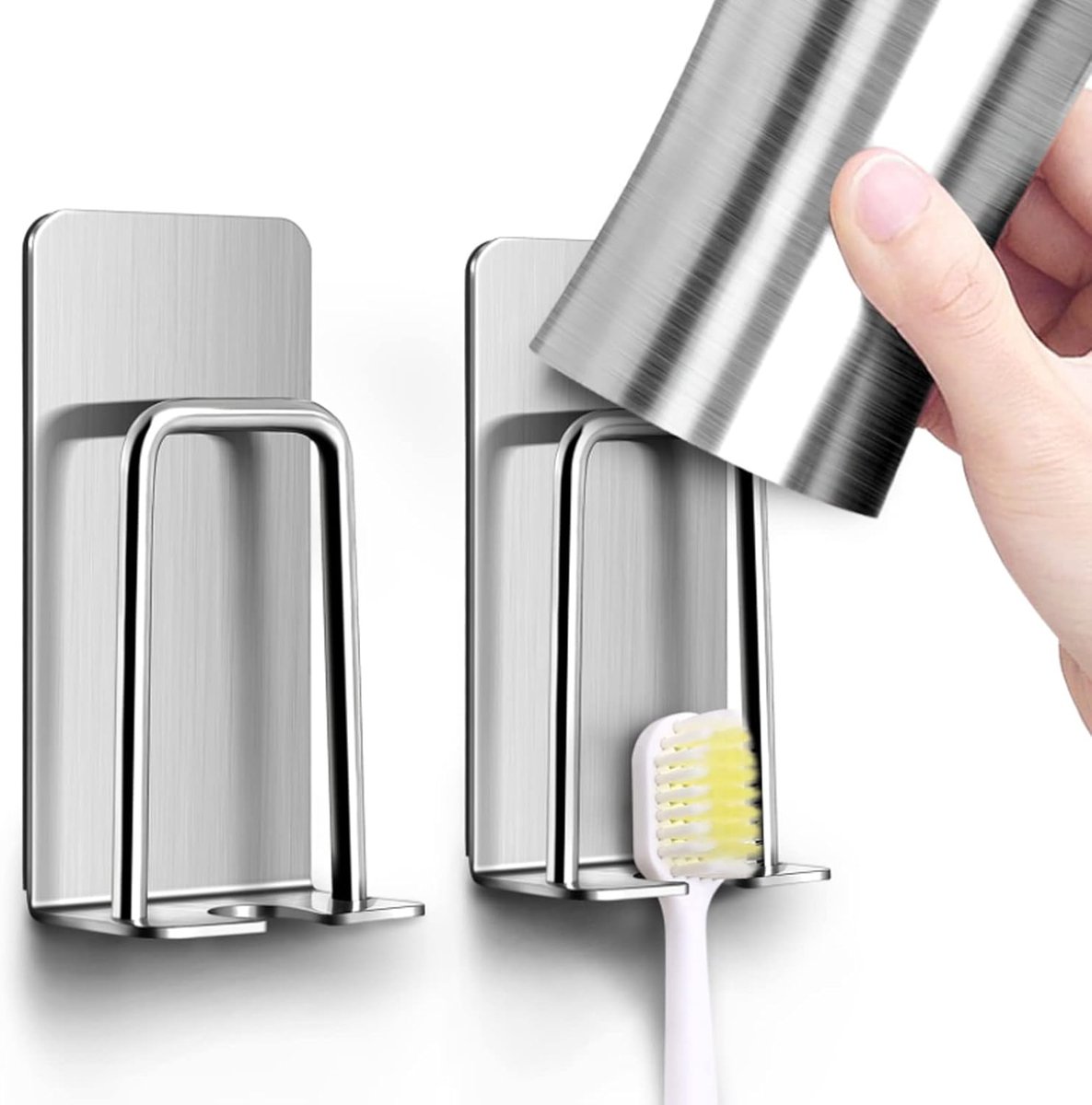 Inherited 2 Pieces Stainless Steel Toothbrush Holder Toothbrush Cup Holder Strong Self-Adhesive High-Quality Stainless - ShopVlot