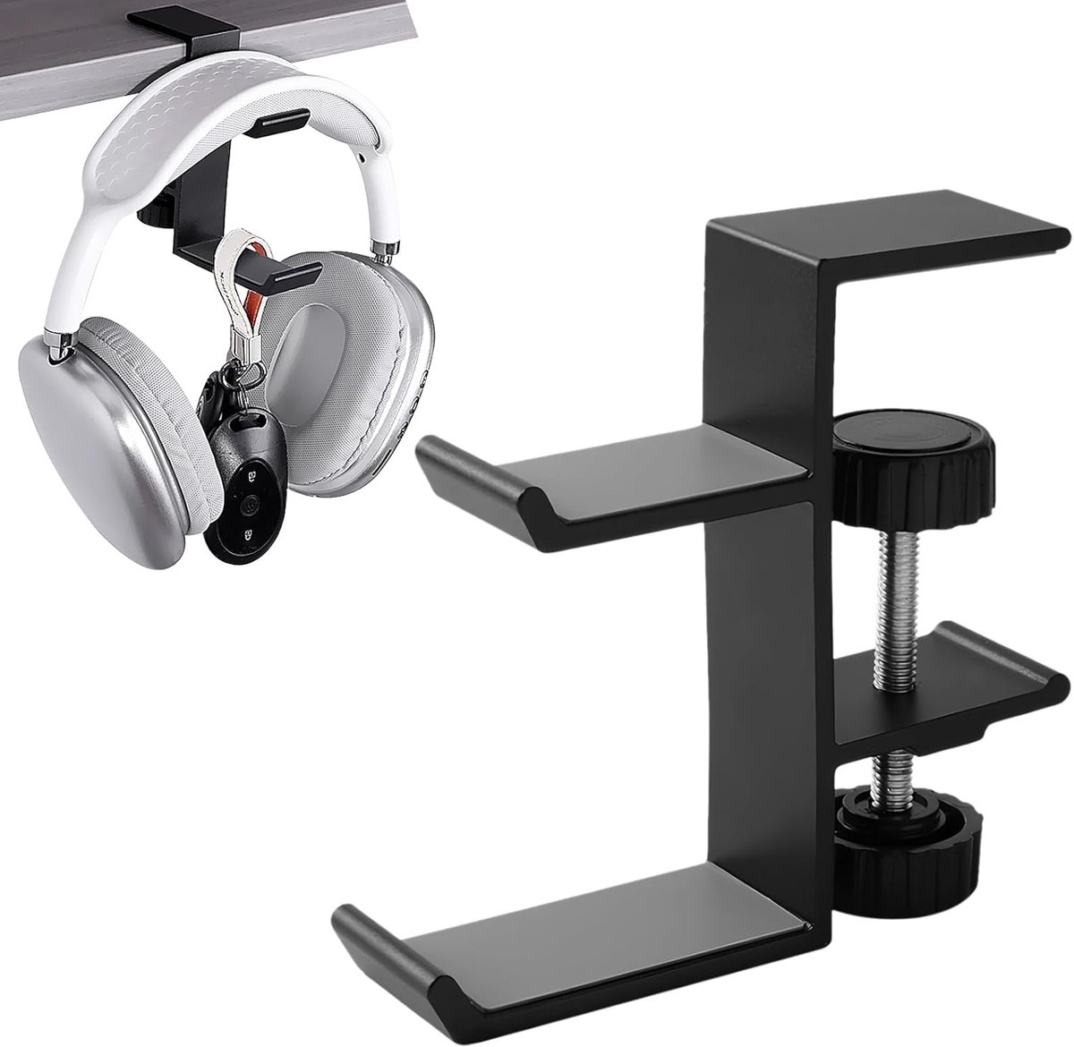Hoofdtelefoonhouder met dubbele haak, aluminium, geschikt voor gaming en werk, zwart
