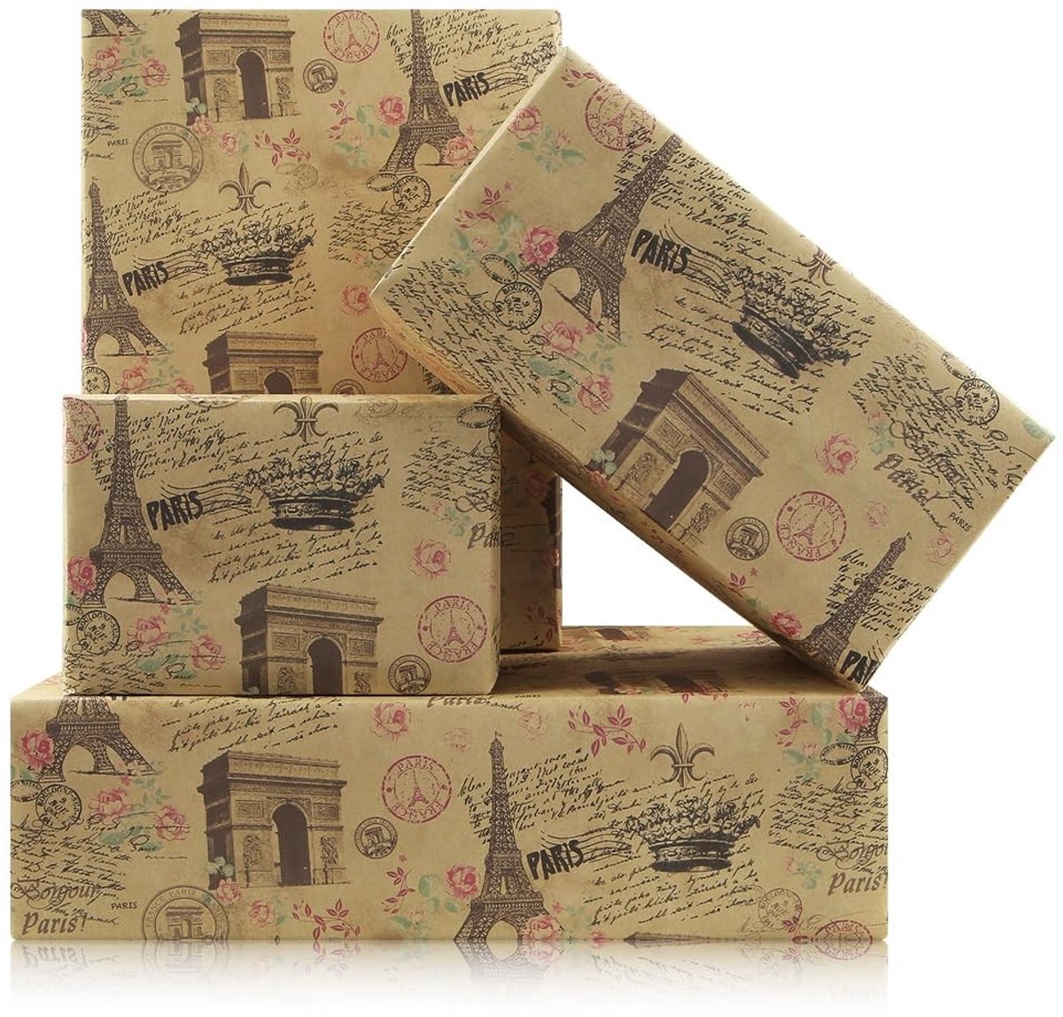 Dailygoods- Inpakpapier Vintage Parijs - 4 Vellen Geschenkpapier - Kraftpapier Bruiloft - Romantisch Eiffeltoren - Verpakking Verjaardag - 50 x 70 cm