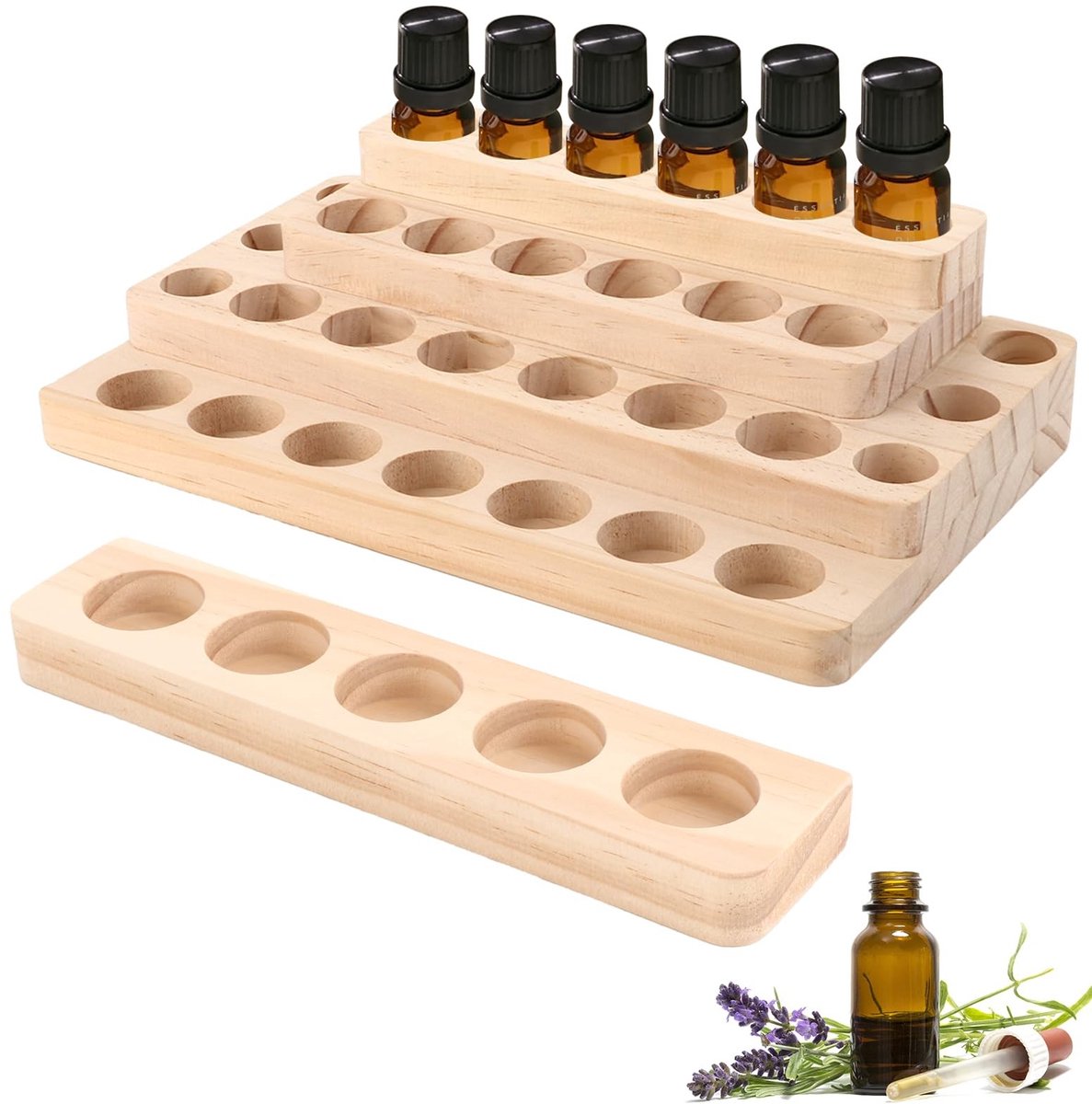 Dailygoods- Etherische Oliënrek - Houten Presentatiestandaard - 4 Niveaus met 31 Vakken - Opslag voor Parfum/Nagellak - Duurzaam/Robuust - Natuurlijke Charme - Opslagrek