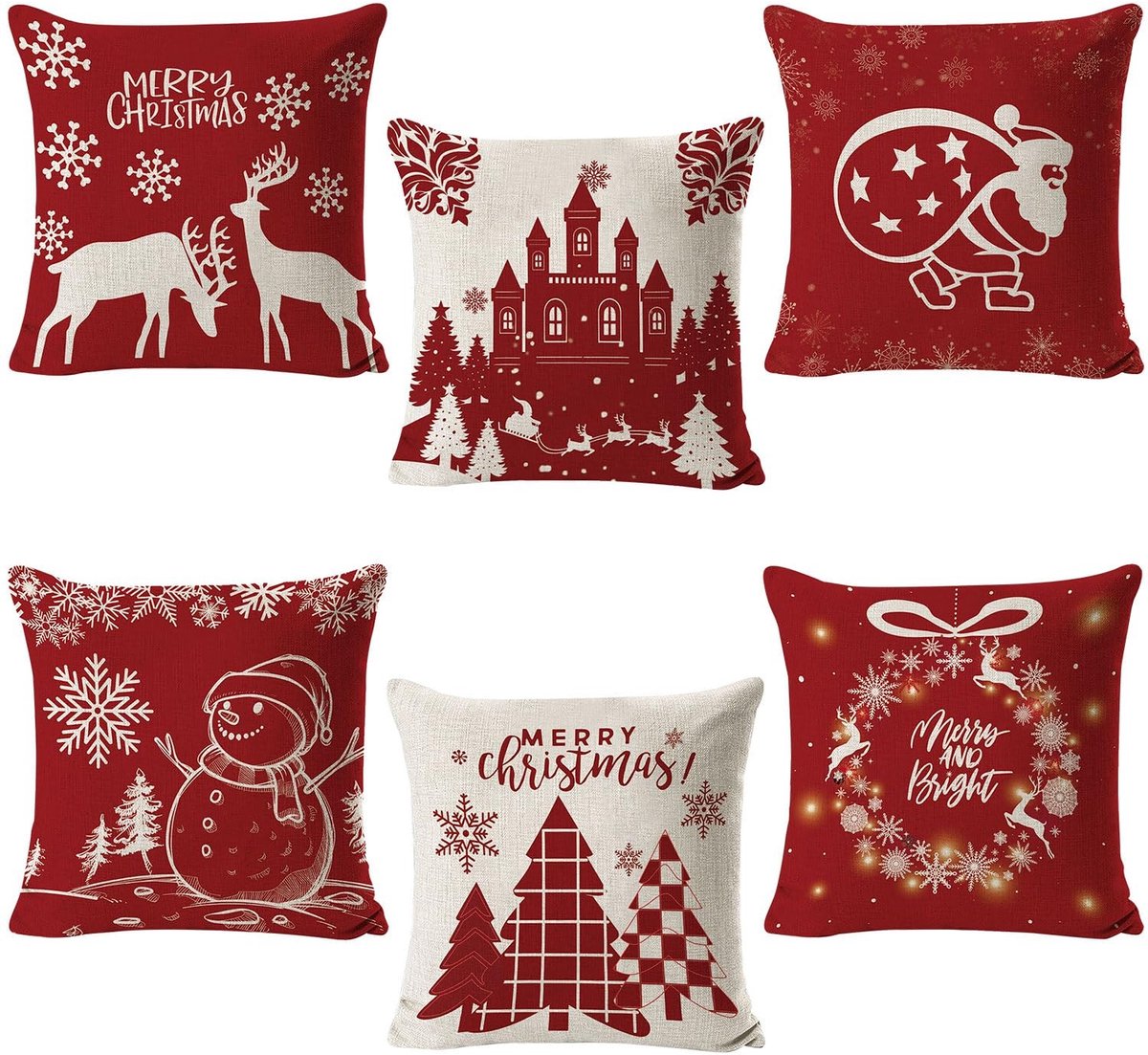 Dailygoods- Kussenslopen 6 stuks - Kerstkussenslopen - Decoratieve Kussens - 45 x 45 cm - Ademend Linnen - Duurzaam en Machinewasbaar - Kussenhoezen