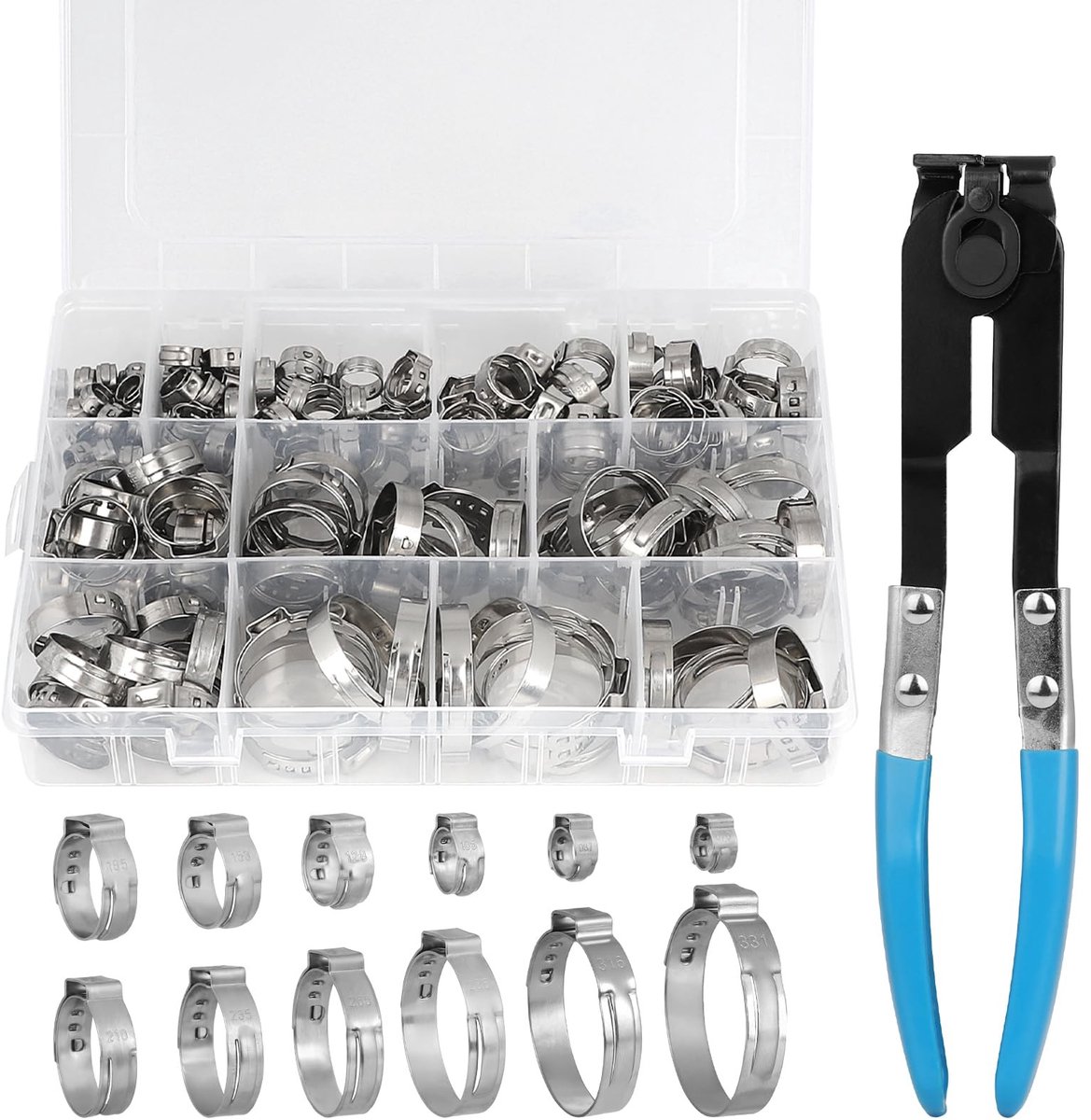 Dailygoods- Slangklemmen Set 150 Stuks - Roestvrij Staal 304 - 12 Maten - 5,8-33,1 mm - Afdichting - Tang voor Installatie - Buisklemmen