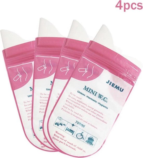 Vier roze wegwerp urinoirs met witte opdruk 'JIEMU MINI W.C.', zijaanzicht.