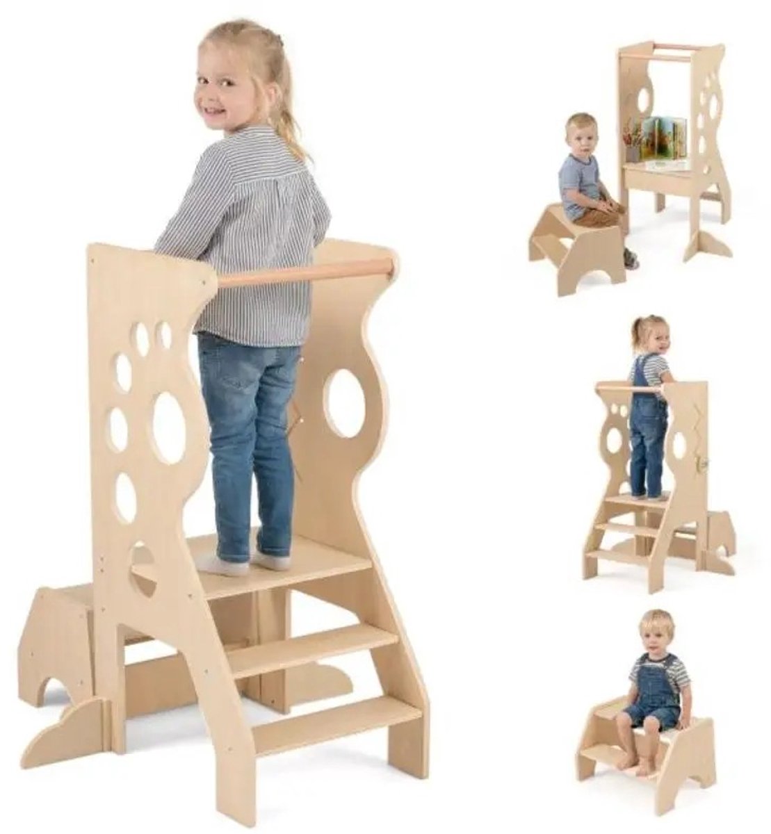 Dailygoods 2-in-1 Keuken Opstapje, Multifunctionele Houten Leertoren & Montessori Stijl met Verwijderbare Beugels en 2-T