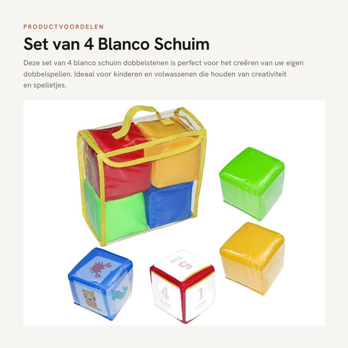 Dailygoods- Dobbelstenen Set - 4 Stuks Schuim - Doe-het-zelf - Opbergtas - Doorzichtig Vak - 9,9 cm - Speelgoedkubussen