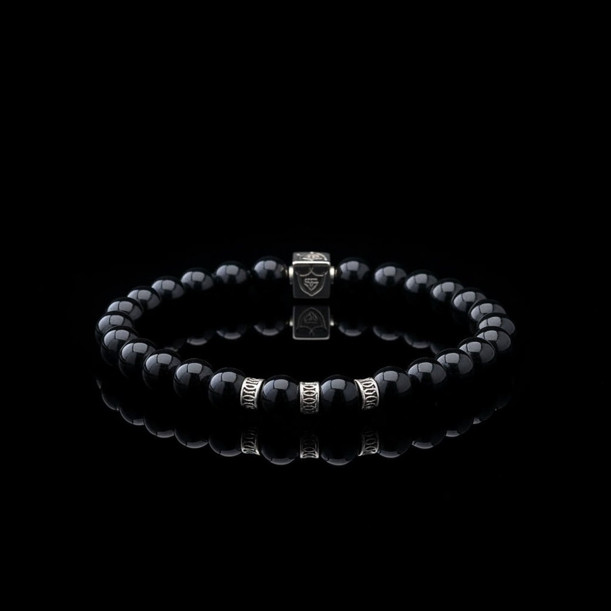 Luxe Unisex Natuursteen Armband - Zwarte Agaat (8mm) met 925 Sterling Zilveren Details - 21 cm-vaderdag