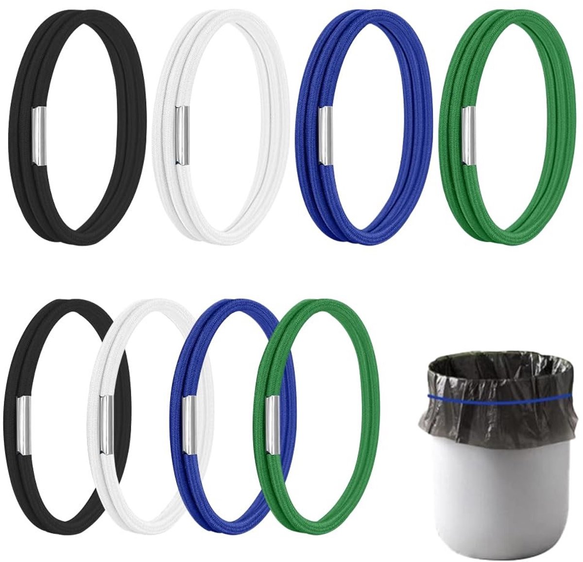 Dailygoods- Prullenbak Elastiekjes 8 Stuks - Verstelbare/Multifunctionele Banden - Rubber - 60cm/140cm - Kleurrijk - Duurzaam - Vuilniszakband