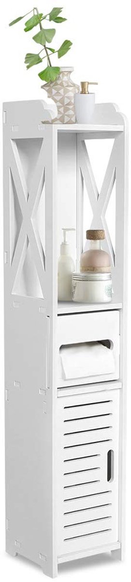 Dailygoods- Badkamerkast smal - Staande Toiletkast - Opbergkast met Lades - Antieke Witte Afwerking - 80 x 15,5 x 15 cm - Veel Ruimte