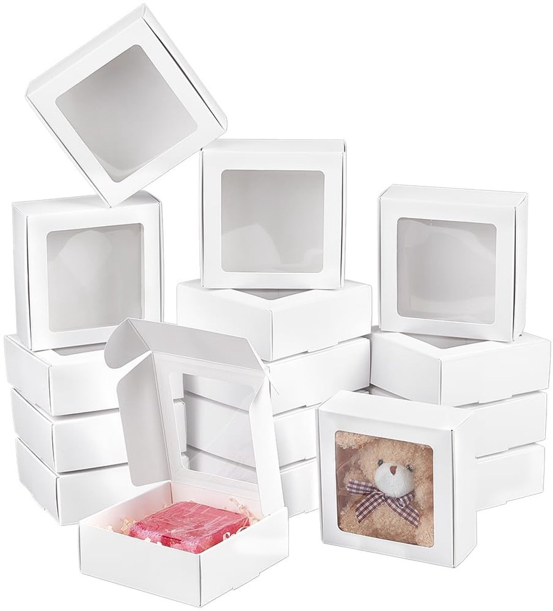 Dailygoods - 48 Stuks Vierkante Witte Papieren Dozen - Geschenkdozen met Doorzichtig Venster