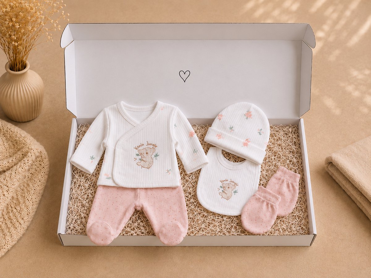 Blijeitje - Luxe 5-delige babycadeauset - Kraamcadeau Meisje met Mutsje, Shirtje, Broekje, Krabwantjes & Slab - Neutraal Koala Design