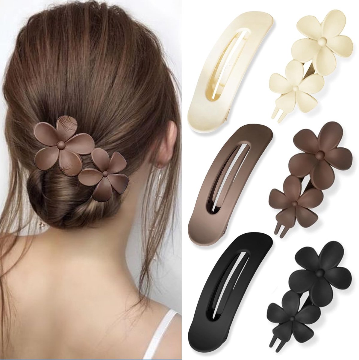 Dailygoods- Haarspelden 6 Stuks - Platte Haarspelden - Haarclips voor Dik/Dun Haar - Matte Bloemen - Franse Barrette - Duurzaam Materiaal - Haarklemmen