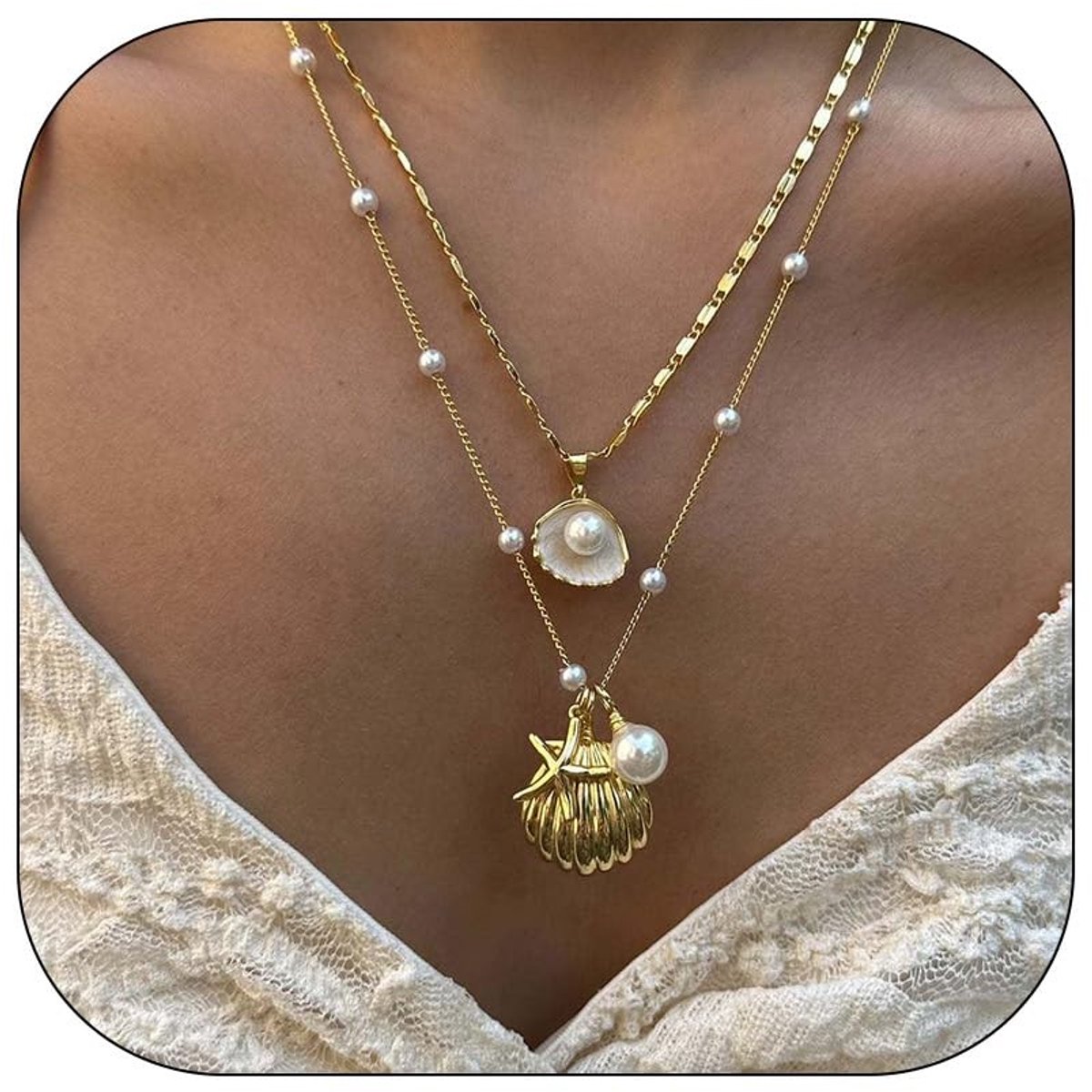 Dailygoods- Schelpketting Gouden - Layer Charmketting - Choker Dames - Boho-Halsketting - Parel/Schelpdetails - Perfect voor Zomeroutfits - Boho Ketting