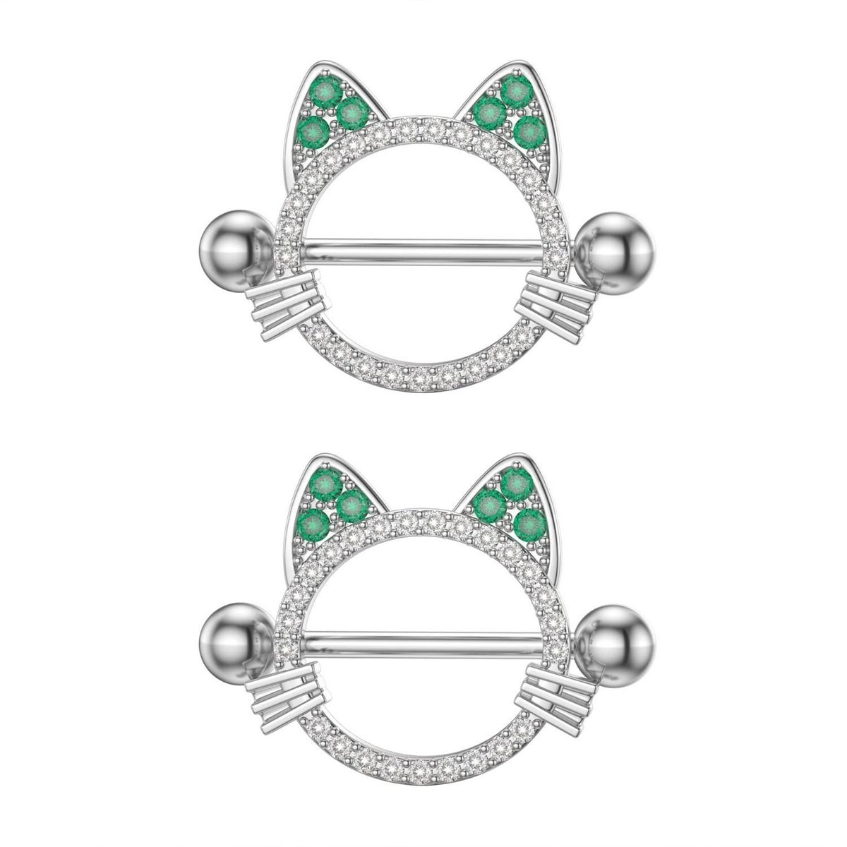 Dailygoods- Tepelringen 14G - Hypoallergene RVS - Body Piercing Sieraden - Zirkonia/Groene Edelstenen - Kattenthema - Symmetrisch Ontwerp