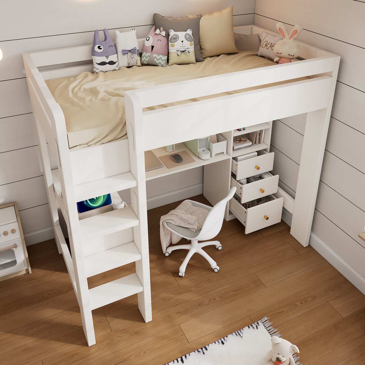 DESMIU Hoogslaper 90x200 cm – Met Hoekbureau en Laadpunt – Met Planken en Laden – Voor Jeu