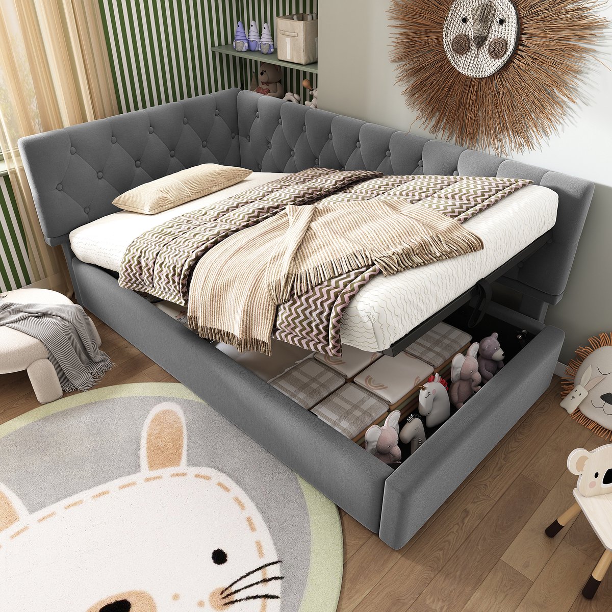 DESMIU Gestoffeerd Dagbed 90x200 cm – L-Vormig Bed Met Hydraulische Opbergruimte – Links Of Rechts Te Monteren – Jeugdkamer – Fluweel – Grijs – Zonder Matras