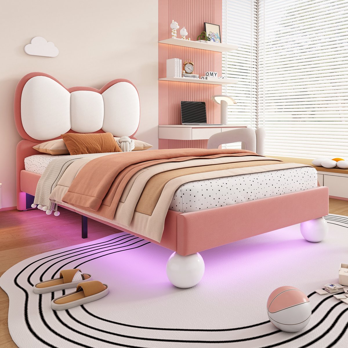 DESMIU Gestoffeerd Kinderbed 90x200 cm – Vlindervormig Hoofdbord Met Ledverlichting – Stabiele Lattenbodem – Zonder Matras – Voor Kinderkamer – Fluweel – Roze