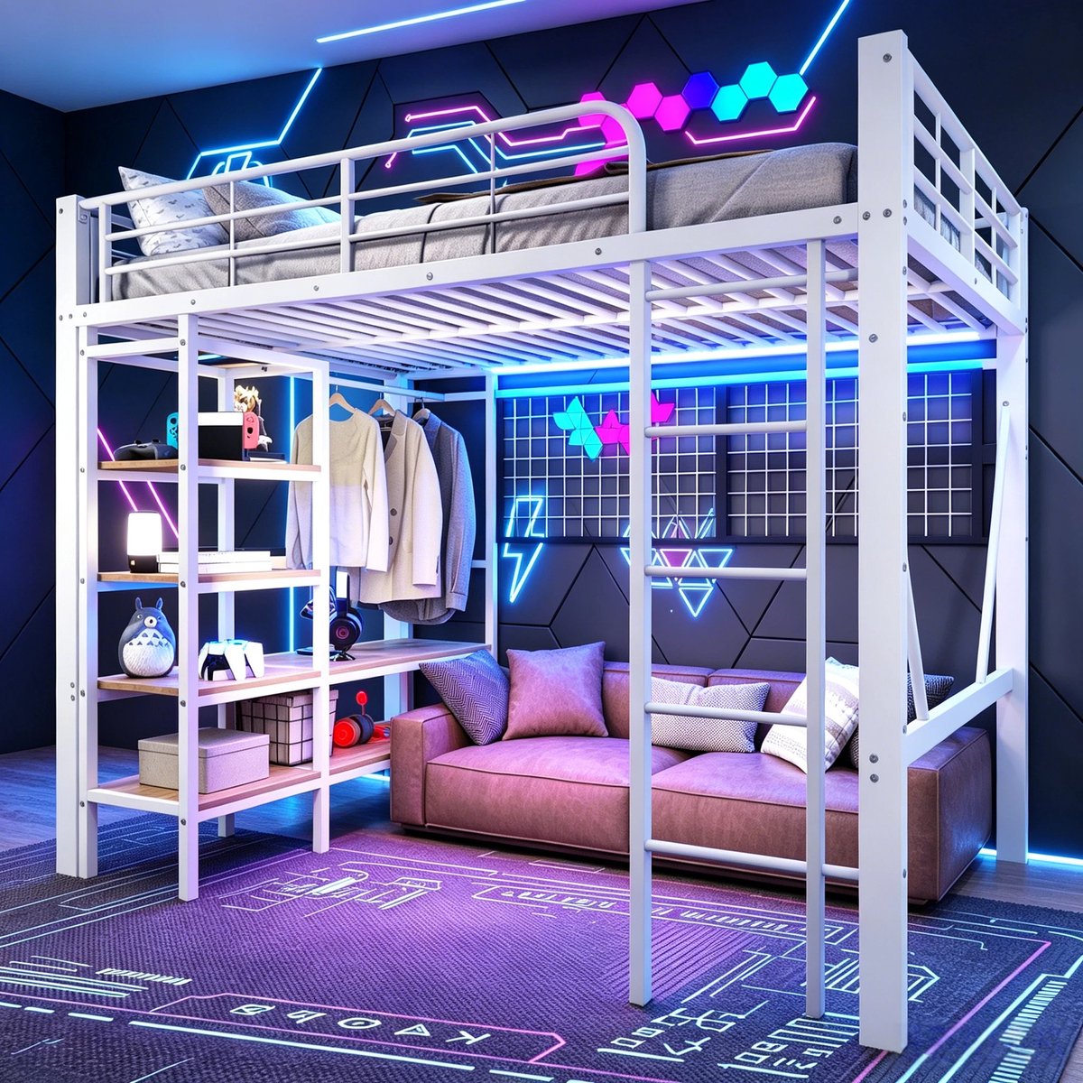 Hoogslaper, 90 x 200 cm, Ijzeren frame, Opbergvak, net voor het Ophangen van Kleding, met Kledingstang, open Ruimte onder het bed, met led-lichtstrip, Zonder Matras, Wit
