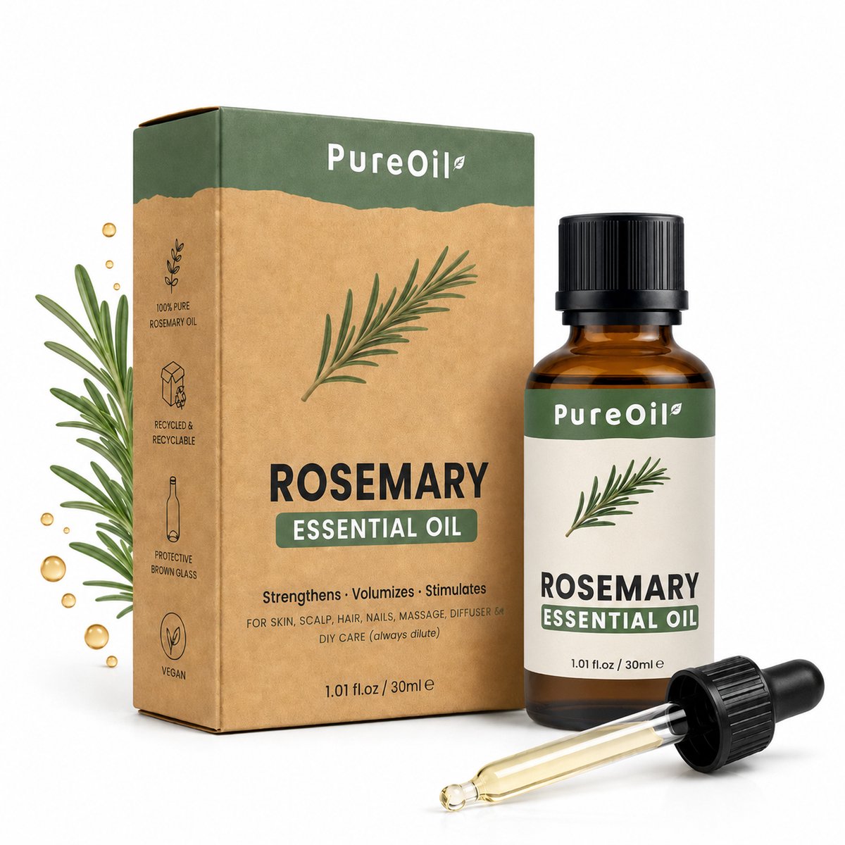 PureOil – Rozemarijn Etherische Olie 30ml – 100% Puur, Natuurlijk & Vegan – Voor Haar | Huid | Scalp | Nagels | Diffuser - Haargroei - Incl. Ebook - Sinterklaas Cadeautjes - Kerst cadeautjes