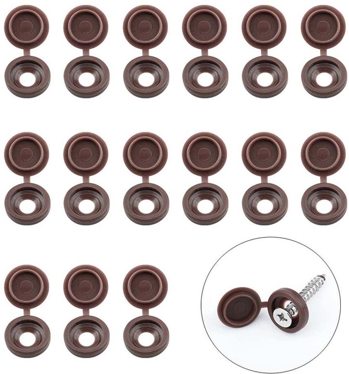Dailygoods- Schroefhoezen 100 Stuks - Bruine Plastic Dop - Scharnierende Omvouwdoppen - Rubberen Flip Tops - Opbergdoos - Hoogwaardige Kunststof - Schroefdoppen