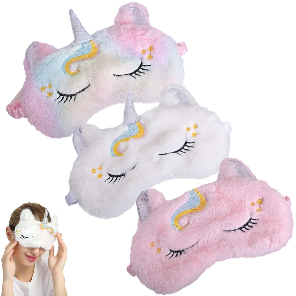 Dailygoods- Oogmasker Set - 3-delige Eenhoornstijl - Pluche Slaapmasker - Lichtgewicht - Zacht - Geschikt voor Volwassenen/Kinderen