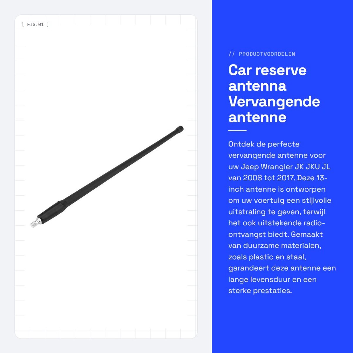 Dailygoods- Autoreserveantenne 33 cm - Kunststof - Zwart - Voor JK/JKU/JL 2008-2017 - Duurzaam - Robuust materiaal - Antenne